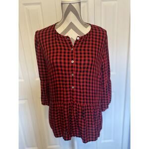 J.Jill Gingham Shirt Medium Red Black Cotton Flannel Peplum Button Up Lighweight